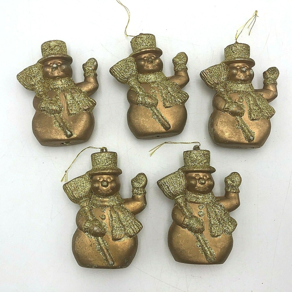 Set of 5 Snowman Ornament Christmas Glitter Vintage Plastic Resign Lot 3"x 4"